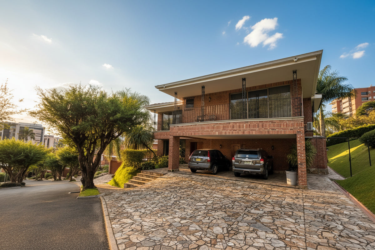 Fachada de casa en El Poblado con amplio lote y jardines.